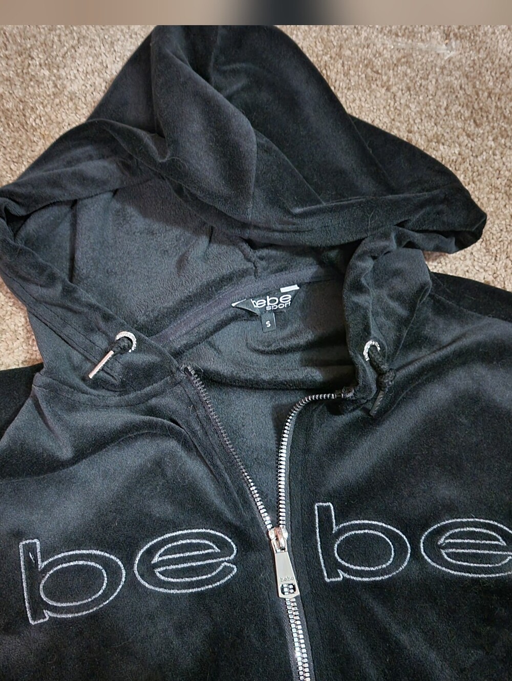 bebe Black Velour Hooded Zip-Up with Embroidered Logo